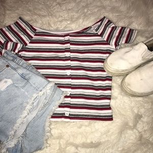 Striped ribbed crop top. On/off shoulder (small)